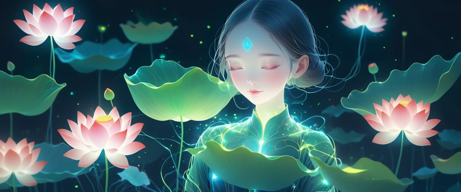 (masterpiece, best quality:1.2), digital art style, charming illustration,Peace pictures,1 girl, lotus,alone,body glow,glowing line,fluorescence,Luminous example,Tracking example,flash,萤light particles,backlight,translucent,light particles,correct human anatomy,