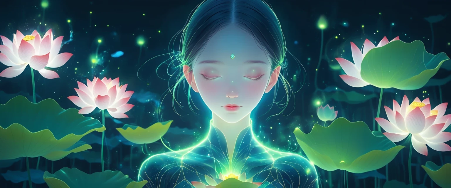 (masterpiece, best quality:1.2), digital art style, charming illustration,Peace pictures，1 girl, lotus，alone，body glow，glowing line，fluorescence,Luminous example，Tracking example，flash，萤light particles，backlight，translucent，light particles，correct human anatomy，