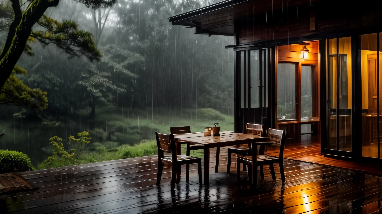 there is a small wooden house with a table and chairs in the rain, rainy day outside, magical environment, quiet and serene atmosphere, in a rainy environment, rainy outside, rainy afternoon, rainy scene, by Raymond Han, rainy atmosphere, rainy environment, rainy mood, rainy and gloomy atmosphere, rainy evening, atmospheric fantasy setting