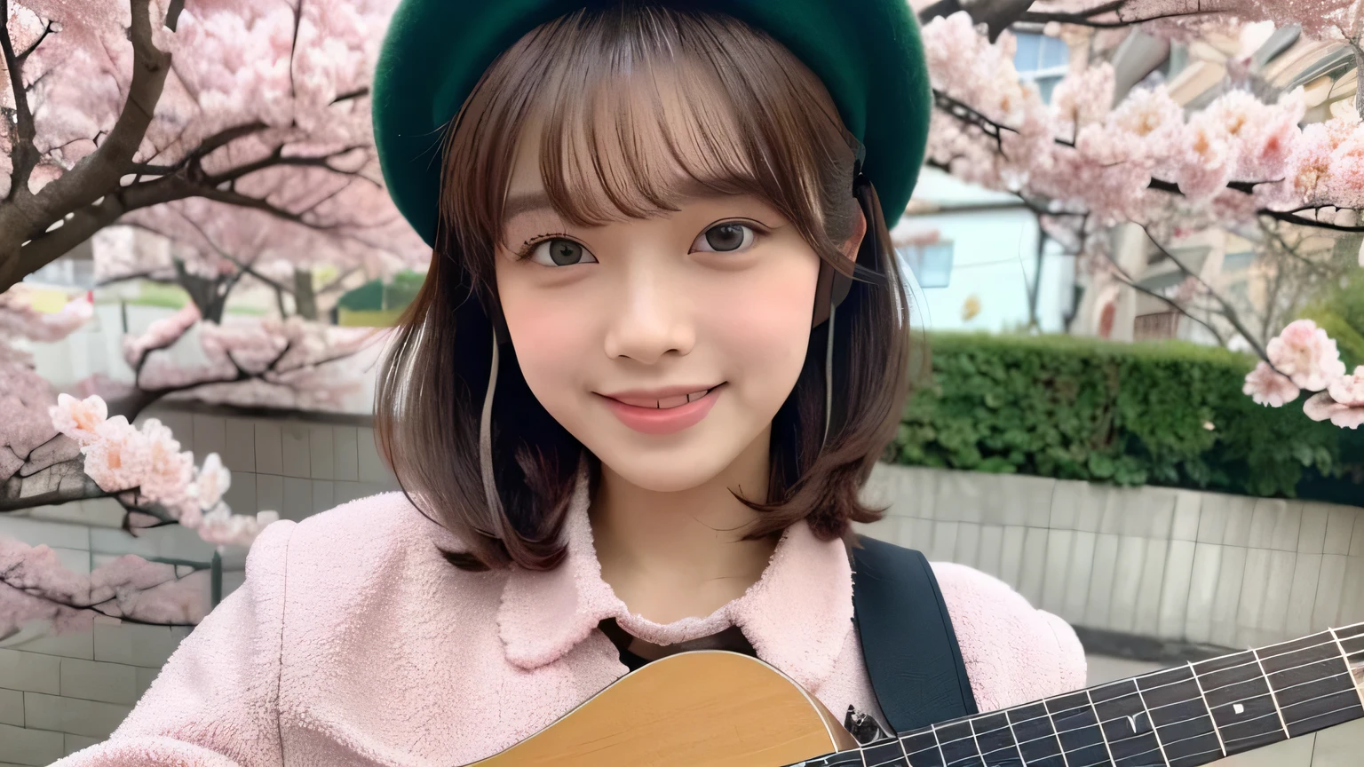 (Daisaku), (Extreme Quality), (Super Meticulous), (Full Body: 1.2), 1girl, Chibi, Cute, Smile, Open Mouth, Flower, Outdoor, Play Guitar, Music, Berets, Hold Guitar, Coat, Blush, Tree, Shirt, Short Hair, Cherry Blossoms, Green Headgear, Misty, Brown Hair, Blush Sticker, Long Sleeves, Bangs, Headphones, Brunette Hair, Pink Flower, (Beautiful Delicate Face), (Beautiful Delicate Eyes),
