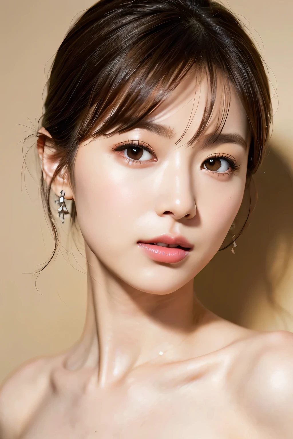 ((highest quality, 8K, masterpiece :1.3)), sharp focus：1.2, bright colors, Professional level, ((Bokeh effect)), shallow depth of field, 
20 year old female, (Half Japanese and half German woman), 1 person, Beautiful face with intelligence, 
supple body :1.3, model body shape:1.5, 頭w:1.4, perfect style：1.4, 
narrow shoulders, beautiful clavicle, long and thin legs, The beauty of slim abs :1.2, thin waist :1.2, 
super dense skin, Fair skin, shiny skin, 
super detailed face, slim facial contour, beautiful small face, beautiful nose, 
highly detailed eyes, long slit eyes, brown eyes, double eyelid, beautiful thin eyebrows, fine long eyelashes, 
plump lips, glossy pink lips, My cheeks turned red, beautiful teeth, 
beautiful actress&#39; perfect makeup, silver necklace, earrings, 
light brown hair, delicate soft hair, 
(short bob, ponytail :1.2), layer cut, (dull bangs:1.2), 
open mouth half way, fascinating look, stare at the camera, 
((sleep on your back:1.2)), (Full body image from thighs:1.2), dynamic lighting, 
