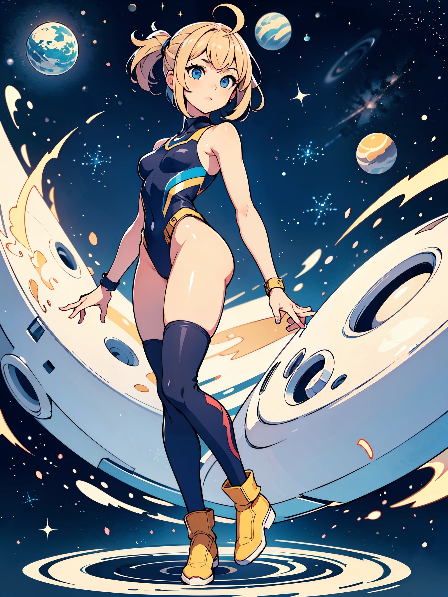 (((pixel-perfect, detail-perfect))), 1girl,  (college student), superhero, gymnast_outfit leotard, bare legs, boots, standing straight, solo focus, golden belt, one hand on hip, full body shot, outer space, sleeveless, ultra highres, absurdres, beautiful face, detailed eyes, symmetric eyes, bob hair, perfect body, good proportions, light swirls around her body, light particles, atom, ((only five fingers)), ahoge, solo, solo focus