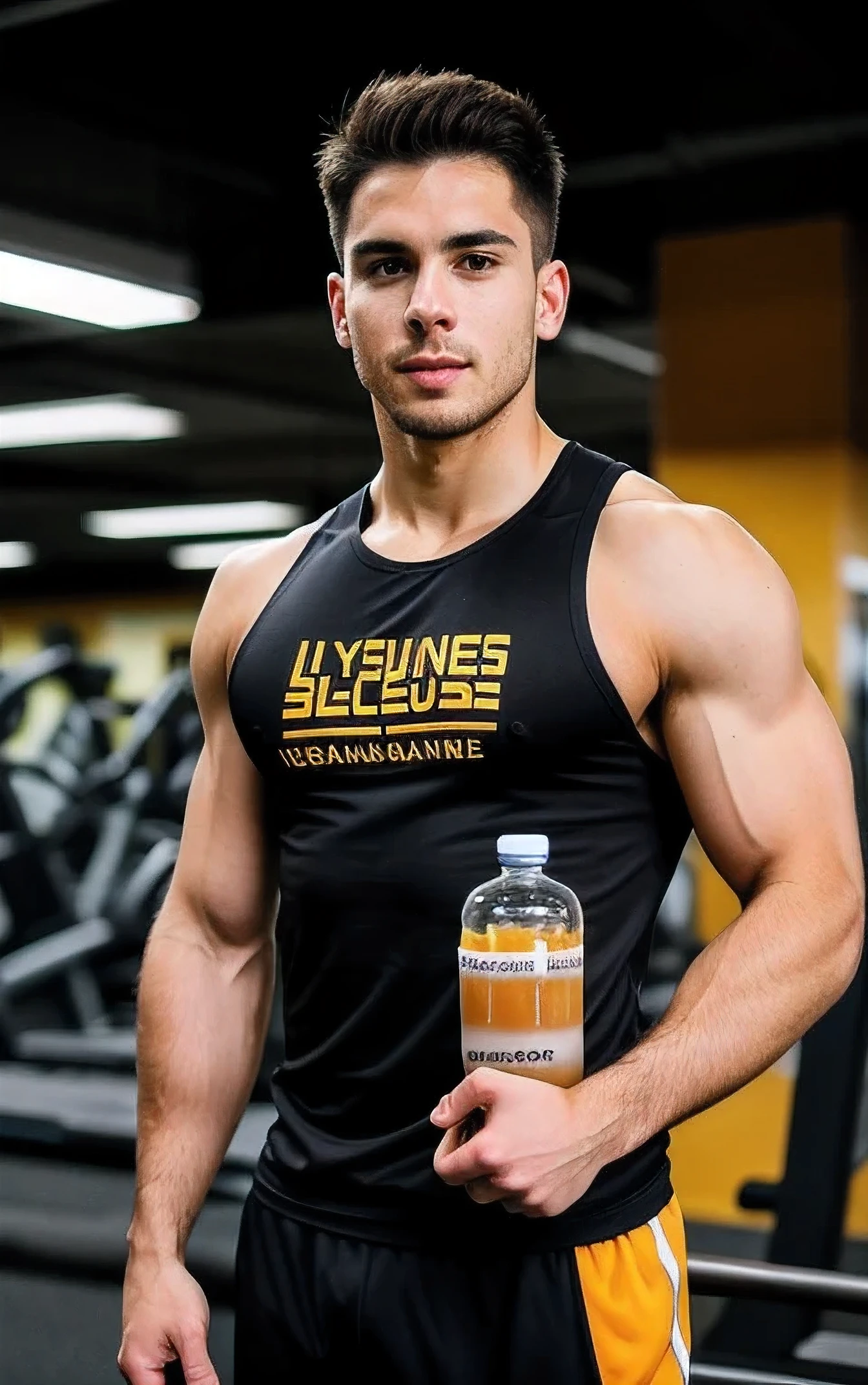 Male athlete, 25 years old, brunette, muscular body, wearing a T-shirt, originally from Peru, standing in the gym, upper body in the photo, ultra-realistic, holding a jar of vitamins, standing in full-face, upper body, in the gym, showing a jar of vitamins , realistic, photo, holding a jar of vitamins , realistic, photo, holding a jar of vitamins