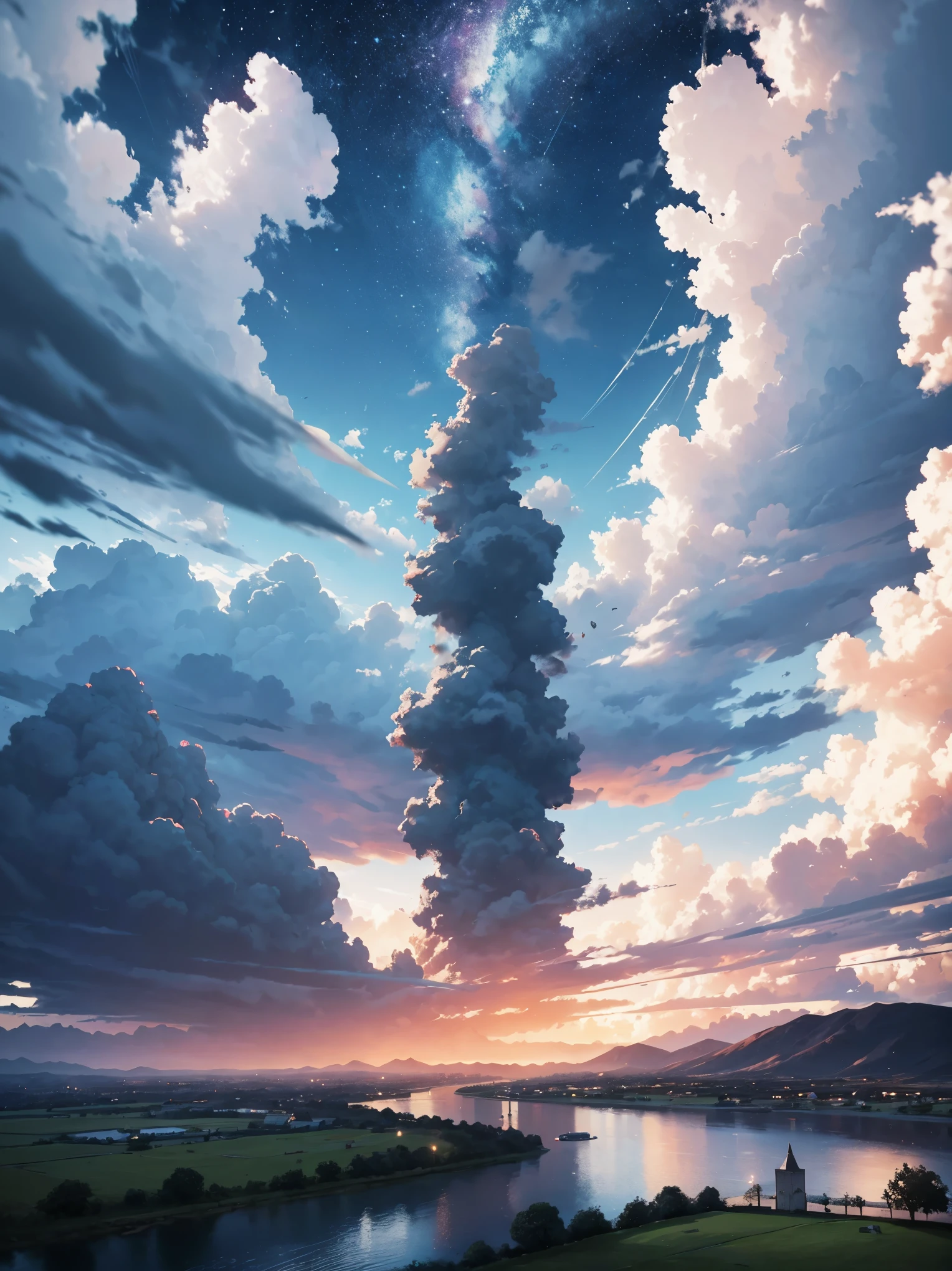 Tornado elecrtico en medio de una tormenta,el cielo nublado ,sin sol,con lluvia y viento,luces de los rayos,destellos cegadores,todo el cielo cubierto de rayos,tornado girando,tornado gigante con rayos dentro y fuera,there is a river and a small country house,profundidad 3d,perspectiva perfecta,profundidad de campo realista,imagen realista y detallada,de alta calidad,una obra maestra