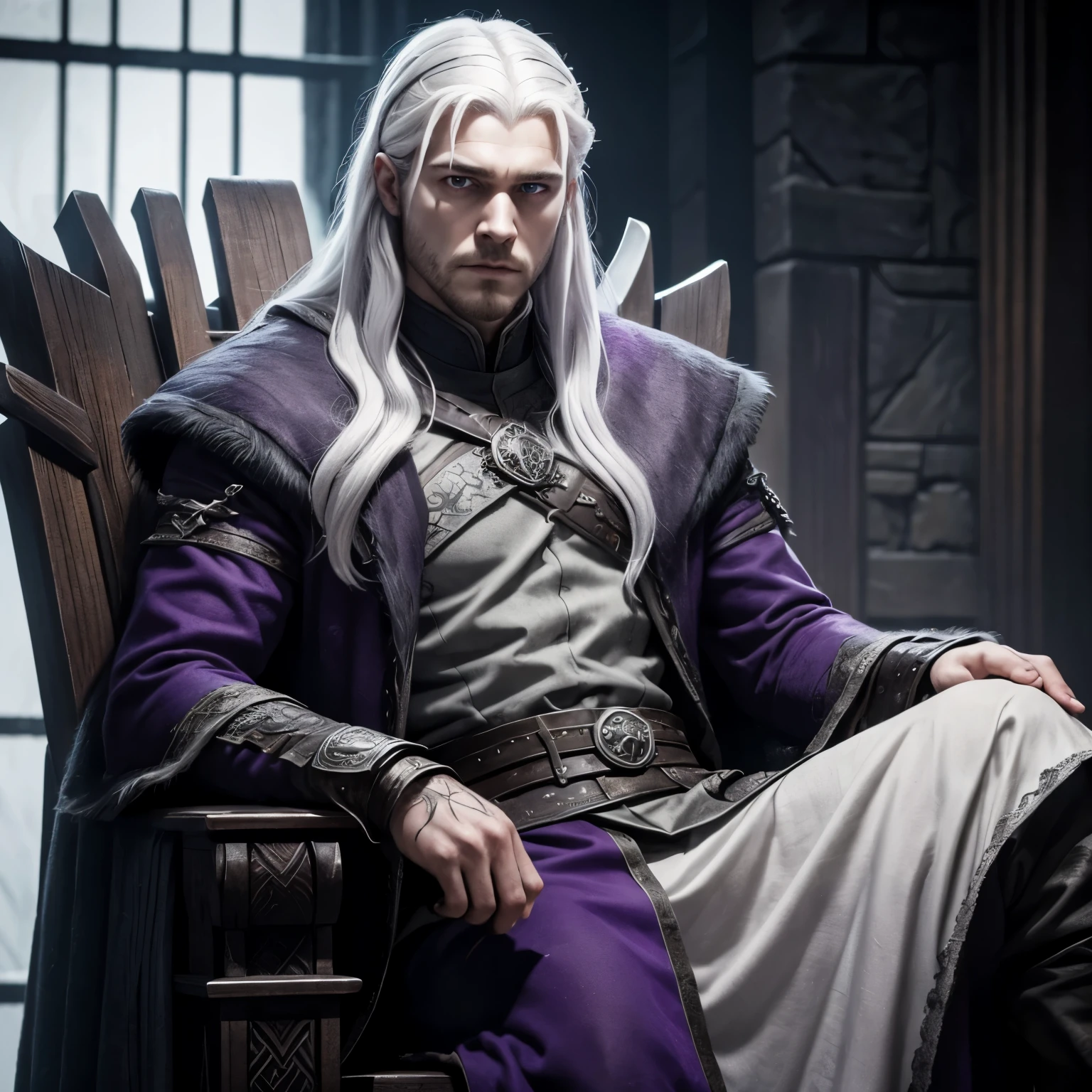 A handsome shredded evil bloodhungry psychotic heir of game of throne house rogare with white hair and purple eyes