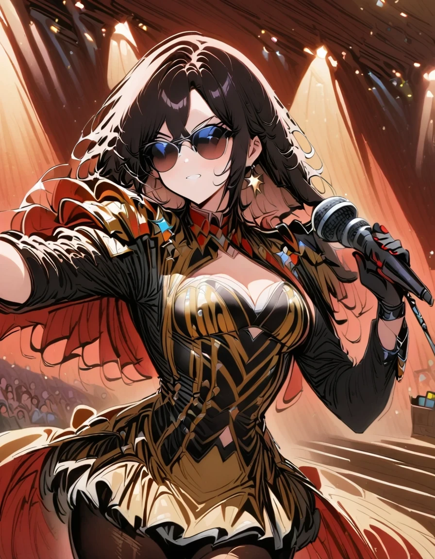 Michael Jackson concert,masterpiece,8K,high definition resolution,电影Light,theater,Light,accomplish,Michael jackson,((microphone:1.3)),concert,accomplishance,fashionable clothes,short skirt,singer,Idol,super detailed face, 细致的Eye睛, 双Eye皮,((super detailed)),((delicate face)), 美丽细致的Eye睛, (emphasize,gradient hair), valley bladder indulgence,Eye,Genshin_Influence,look at the audience, ((imagine)), strong Light and shadow, shot,masterpiece,Super quality,theater stage,大Eyejacksonwear tights在舞台上通过microphone唱歌, perforated stage costume, sing on stage, wear tights, wear tights,Stylish lenseichael jackson in a gold outfit and sunglasses, Michael_jackson,With shoulder pads, wear black clothes, he is a rock star, majestic gesture, golden accents, Michael Jackson's style, gold plated black