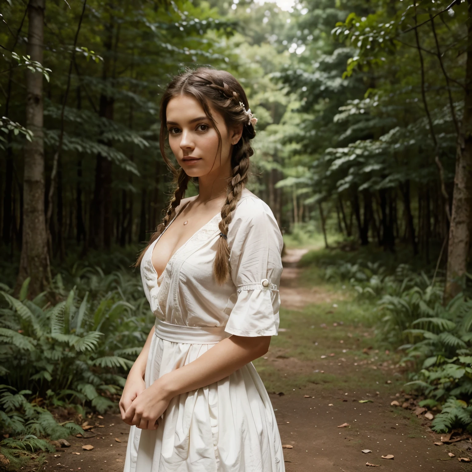 Create a feminine photoshoot in a forest, with the theme 'Echoes of the Past'. The woman must be wearing a white vintage dress and have braided hair. As fotos devem ser no estilo vintage, com poses que realcem a feminilidade de forma formal. Write a detailed description of the essay, highlighting the fusion between the past and the present, the serenity of nature and the elegance of the female figure.
