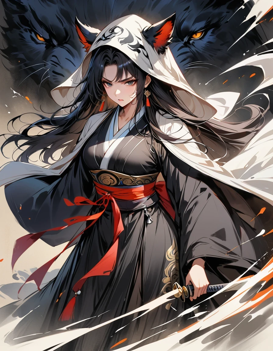 (masterpiece, best quality:1.2), 1 girl, alone,two-dimensional,amazing,Inspired by the myths and legends of Guilin, China:Liu Sanjie,A bust of a woman 白色的长发,black eyes, a woman, Head covered with a cloak, metal jewelry, Serious expression, attack action, lower your head, hanfu, black clothes, eyes cold, loose hair, (ink smudges) beautiful figure painting, Clothing black and white ink style, Delicate skin tone, watercolor, soft, martial arts style, ethnic style, Exquisite and beautiful face, sash, keen vision,black theme,The ferocious beast behind,tiger,body movements,whole body,shoe,sock