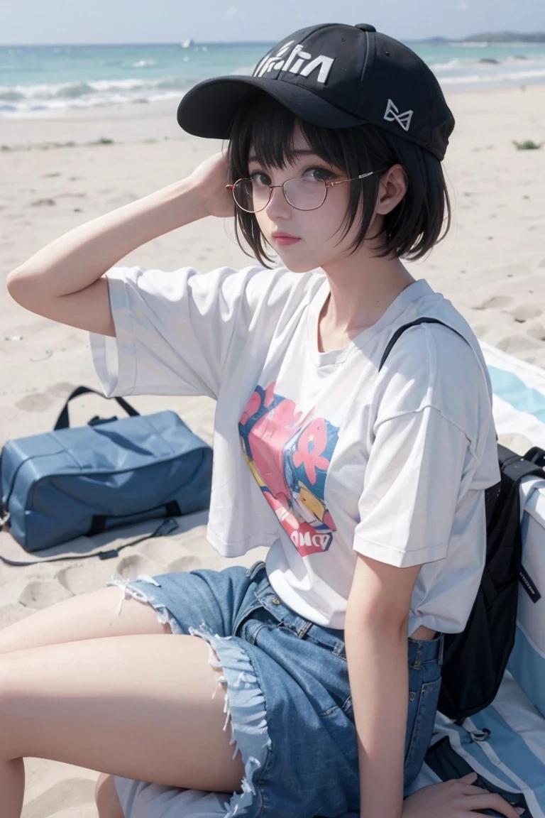 masterpiece, best quality, 1 girl, beach, sitting on a beach towel, short hair, Glasses, t-shirt, shorts, hat, blush, summer, soda can, Bag