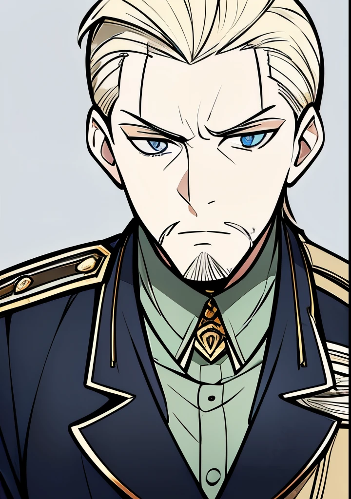 Young Adult male, white and tender skin, pale blonde slicked back combed short hair, kaisermustache, ducktail beard, steel blue eyes, green and slightly mature, serious and emotionless facial expression,wearing world war 2 era german fatigues, portrait style, facing forwards