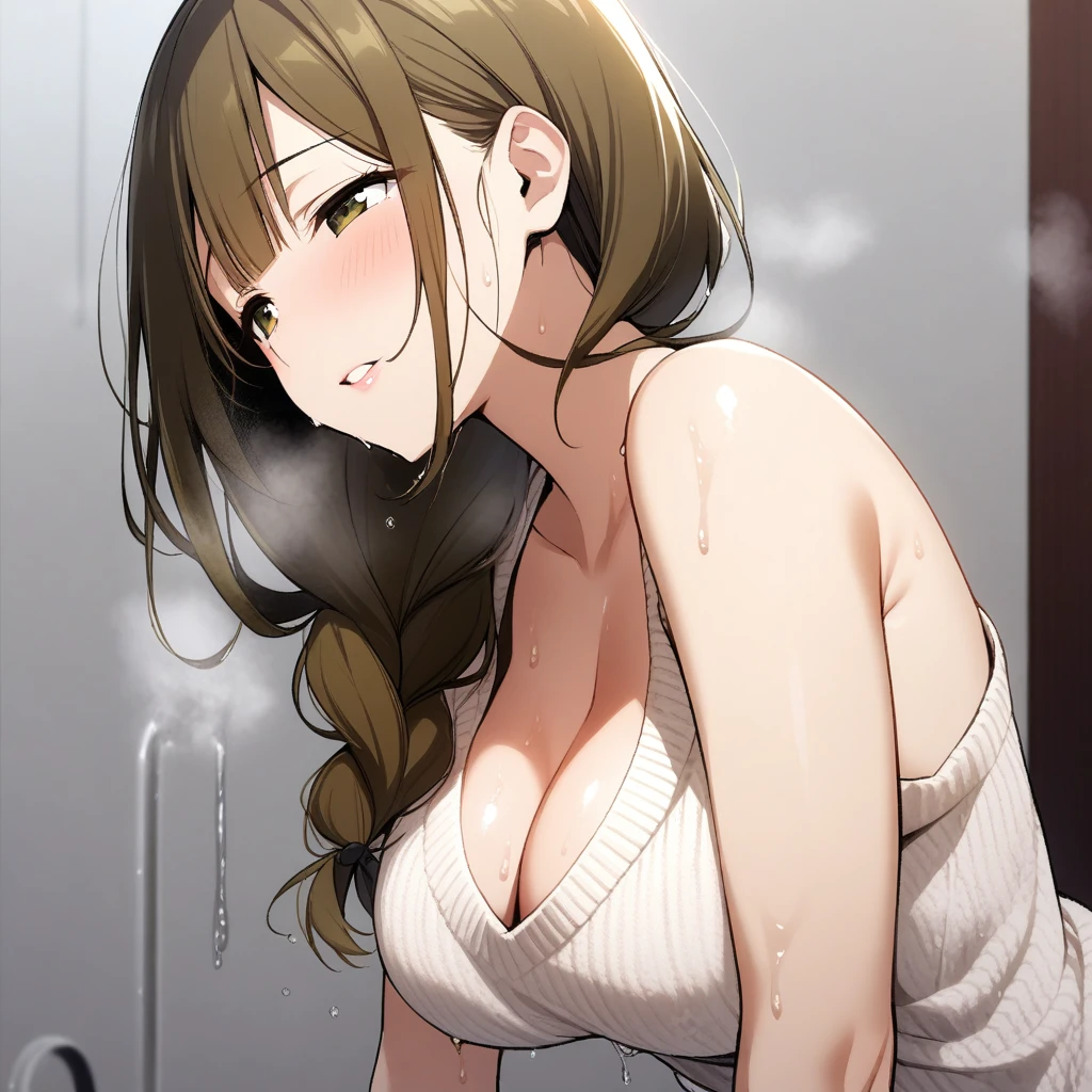 1girl, kuwayama_chiyuki, shiny_colors, best quality, seductive, soaked, bare shoulders, hanging , knit, cleavage