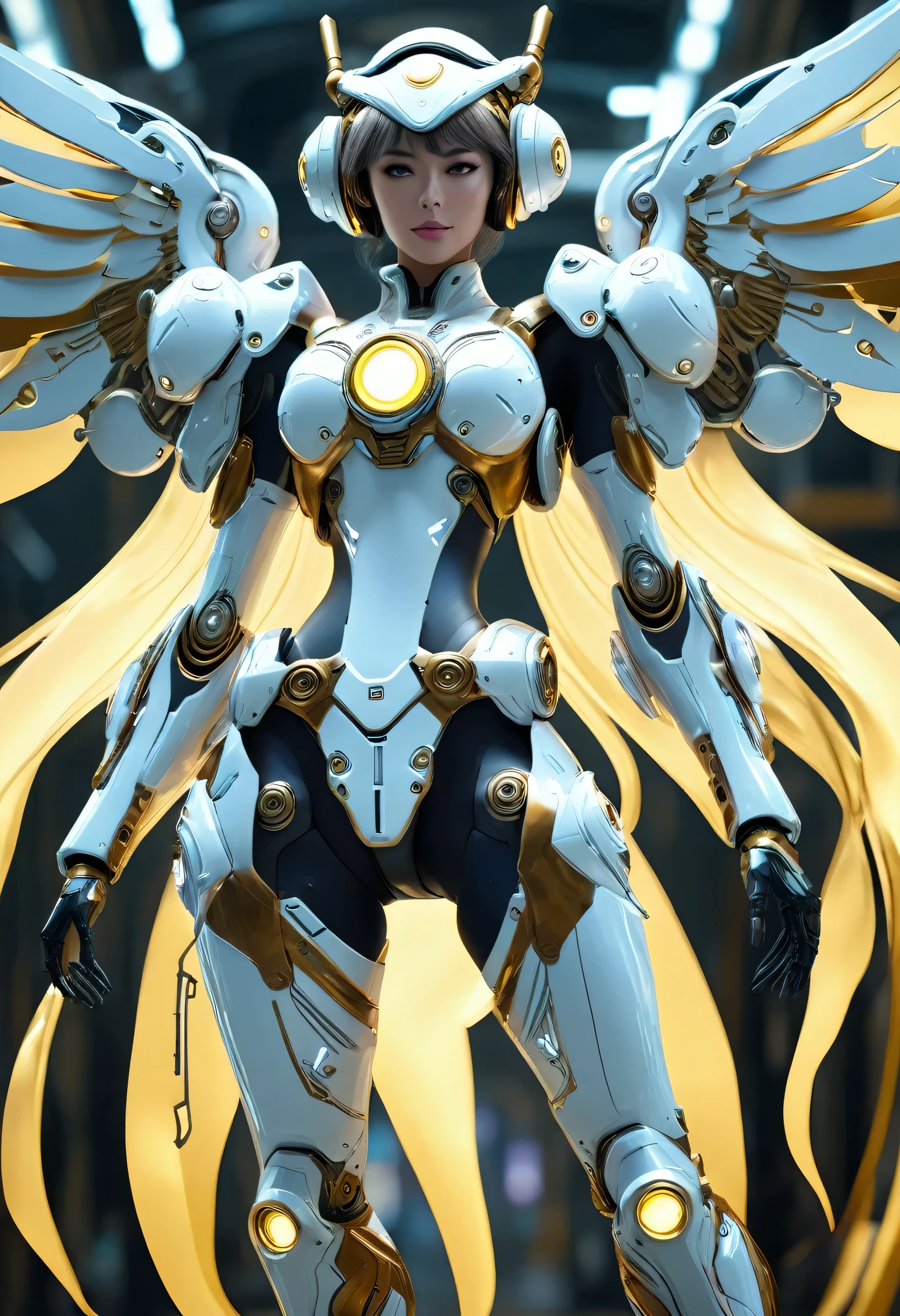 Wearing a mechanical suit, giant mechanical wings，，cyberpunk, futuristic armor,arms， whole body, frontal pose, symmetry, complicated (steel metal [rust]), United, Warframe style，Sailor Moon，Mecha girl