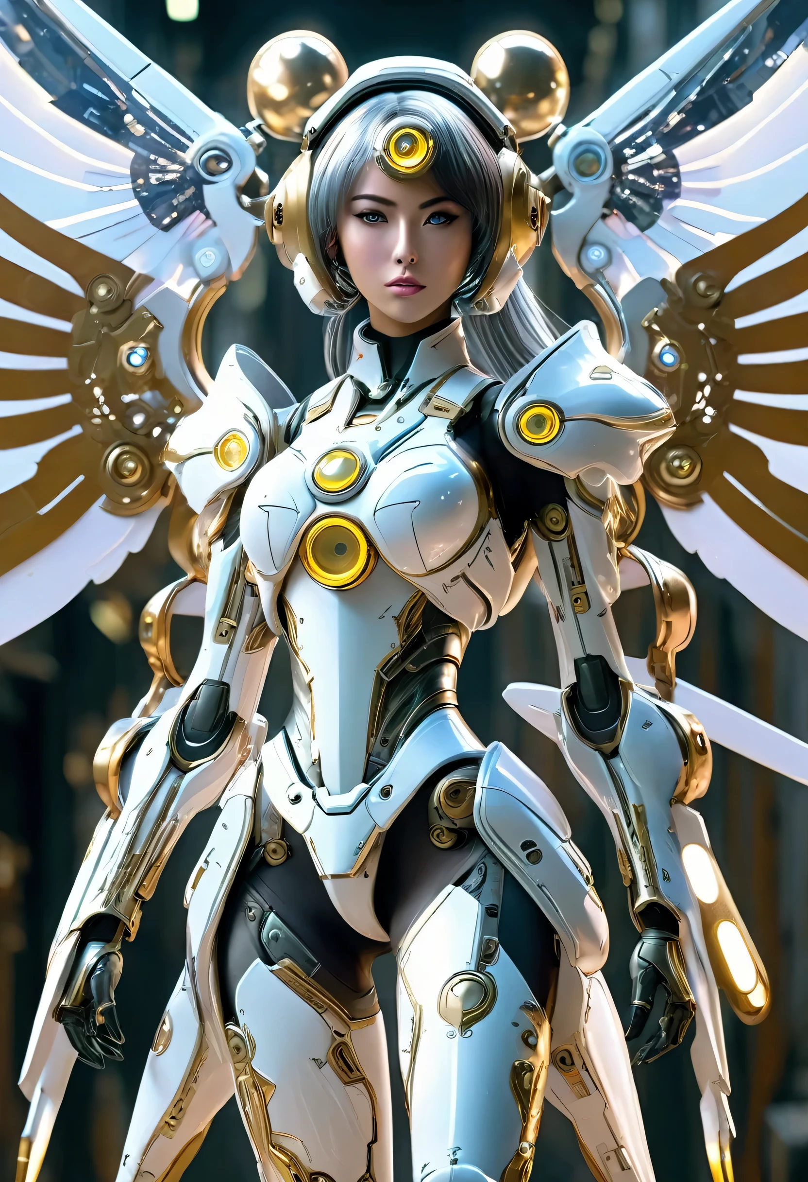 Wearing a mechanical suit, giant mechanical wings，，cyberpunk, futuristic armor,arms， whole body, frontal pose, symmetry, complicated (steel metal [rust]), United, Warframe style，Sailor Moon，Mecha girl