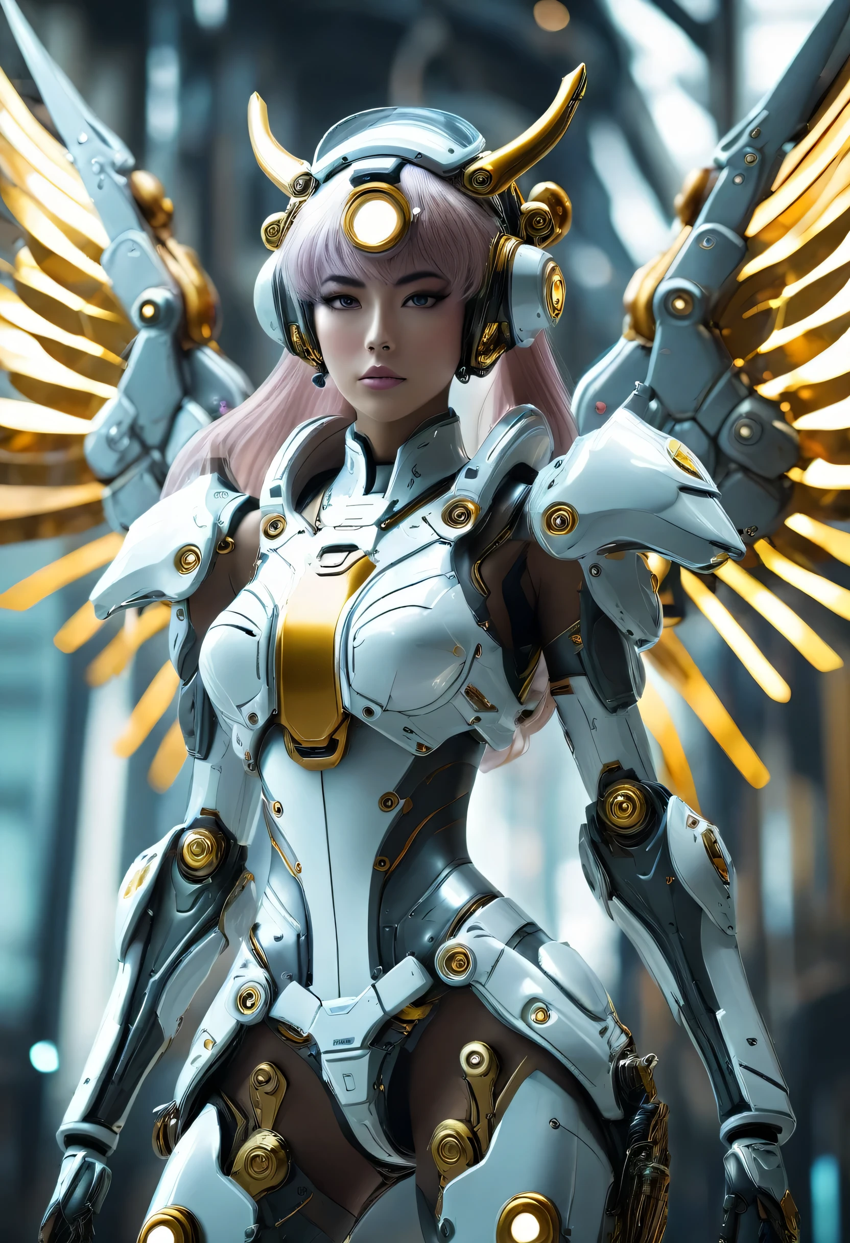 Wearing a mechanical suit, giant mechanical wings，，cyberpunk, futuristic armor,arms， whole body, frontal pose, symmetry, complicated (steel metal [rust]), United, Warframe style，Sailor Moon，Mecha girl