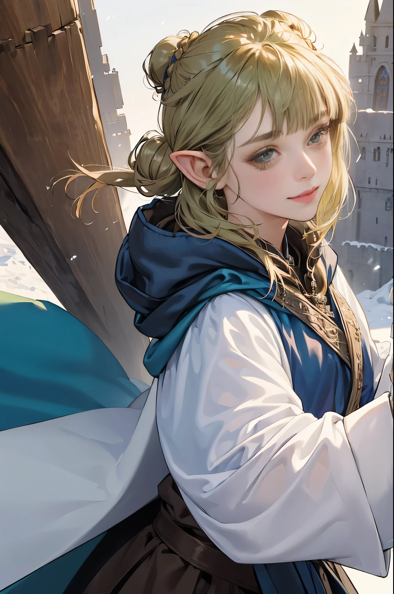 (((((girl))))), masterpiece, ultra detailed, 8K Portrait, Raw photo, woman's portrait photography, full body, Highly detailed face, mischievous childish smile, ((Fantasy)), (((hobbit))), ((Adult)), 45 years old, 110cm, (((ALCHEMIST))), ((tanned skin)), (((greenish brown short bob topknot hair))), (((blunt bangs))), (((dark blue silk long Fluffy cloak))) Fluttering in the wind, (((white inner coat))), long skirt, leather gloves, Midday sun, Hyper realistic, Slender body, by the snowy castle, Ambient lighting, Shadow details, Camera focus on face, strong breeze, Light fog