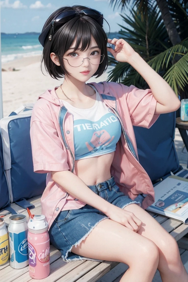 masterpiece, best quality, 1 girl, beach, sitting on a beach towel, short hair, Glasses, t-shirt, shorts, hat, blush, summer, soda can, Bag