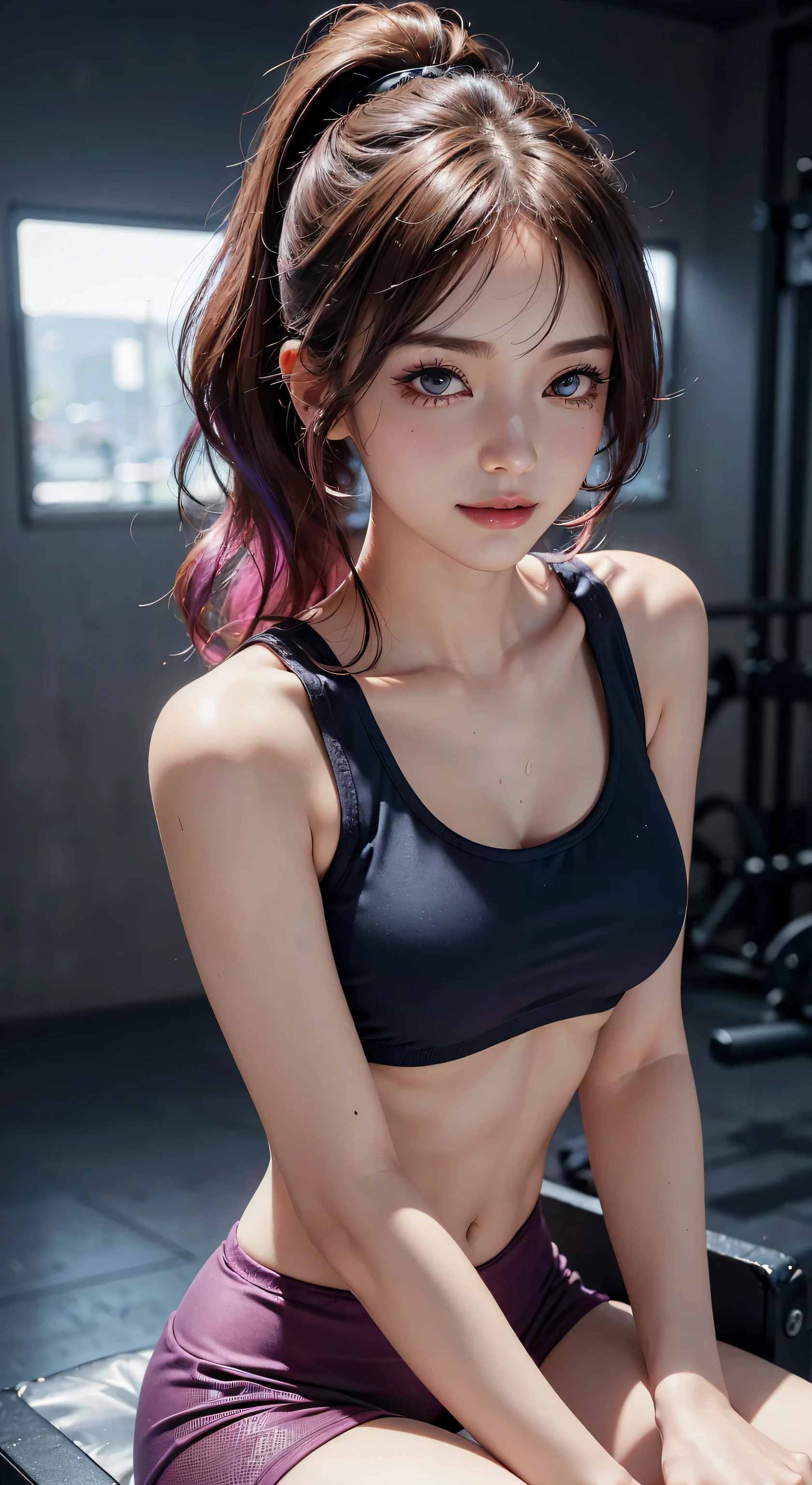 ((big breasts⁩, 18 year old, Very small head)), Daylight, Sunlight, (Perfect body : 1.1), (short wavy hair:1.2, Pink and blue mesh hair, Thin mesh), Full body shot, (training wear, separate wear), (sweat), (in a wide gym), (Very detailed CG 8k wallpaper), (extremely delicate and beautiful), (masterpiece), (Best Quality:1.0), (超A high resolution:1.0), (realisitic), beautiful lightning ,Perfect Lightning, Realistic Shadows, [hight resolution], Detailed skin, Ultra-detailed, Slim body) ,Black tights, (Beautiful hair, Wavy Hair, Real Hair, detailed hairs, High Ponytail), Fine Collarbone, Beautiful breasts, blush, Photorealistic, Realistic face, Realistic eyes, Small eyes, Cute smile, (((Colorful))), (eye liner), (mascara), (eye shadow), Looking back,