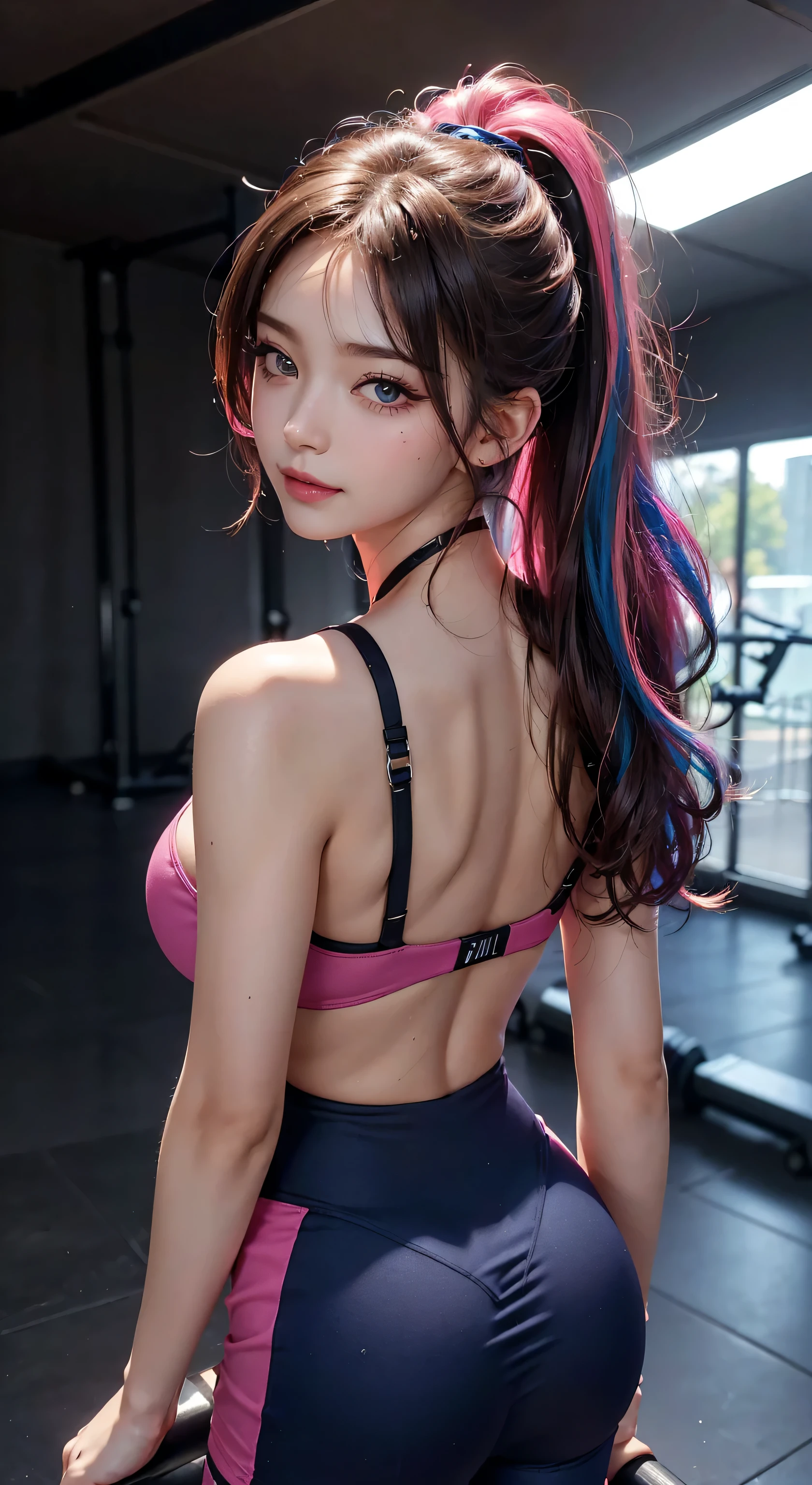 top-quality、tmasterpiece、超A high resolution、(Photorealsitic:1.4)、RAW photo、1girl in、glowy skin、headset on head、((Super realistic details))、porate、globalillumination、black shadows、octan render、8K、ultrasharp、((Delicate body shape))、Future hair accessories、(Basketball team uniforms:1.3)、nedium breasts、((Colossal tits:1.4))、(dark tanned skin:1.4)、highly intricate detail、Realistic light、metallic luster、CGSoation trends、(a purple eye:1.4)、(Radiant eyes)、Facing the camera、neon light detail、Sit on the、Cyberpunk background、small led lights、(Get purple and green illumination from behind)、