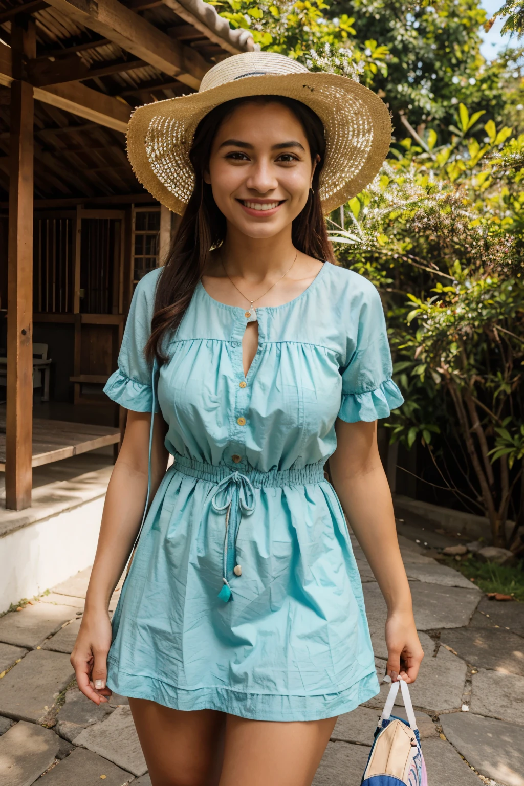 obra de arte, Melhor qualidade, high resolution, extremamente detalhado, fundo detalhado, cinematic lighting, 1 garota, olhando para o espectador, parque, vestido branco, sunhat, Sorriso, wearing  mochila randoseru, (mochila randoseru:1.0), standing