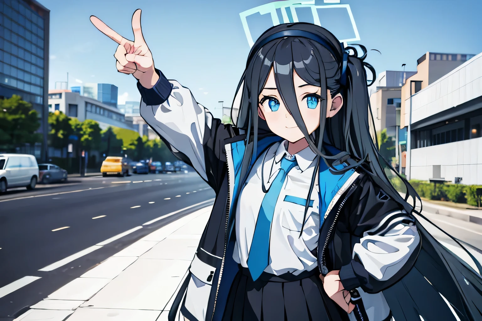 alice def, (very long hair:1.1), look up, put your hand on your waist, From above, smug, street, masterpiece, highest quality, High resolution, nice hands, perfect hands,one arm raise up