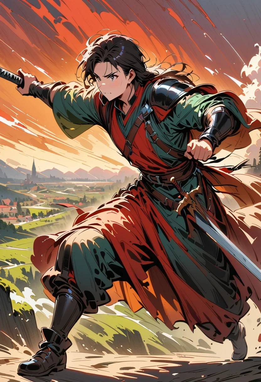 swordsman,medieval art, heroic figure,traditional clothing,Detailed and sharp sword, Keen eyes and focused expression, dynamic poses, dramatic lighting, bright colors, high contrast, epic landscape background, hazy atmosphere, full of action, dynamic brushwork, oil painting style, ultra high resolution, fine details, professional quality.