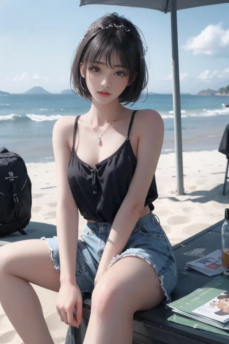 masterpiece, best quality, 1 girl, beach, sitting on a beach towel, short hair, Glasses, t-shirt, shorts, have, blush, summer, soda can, Bag