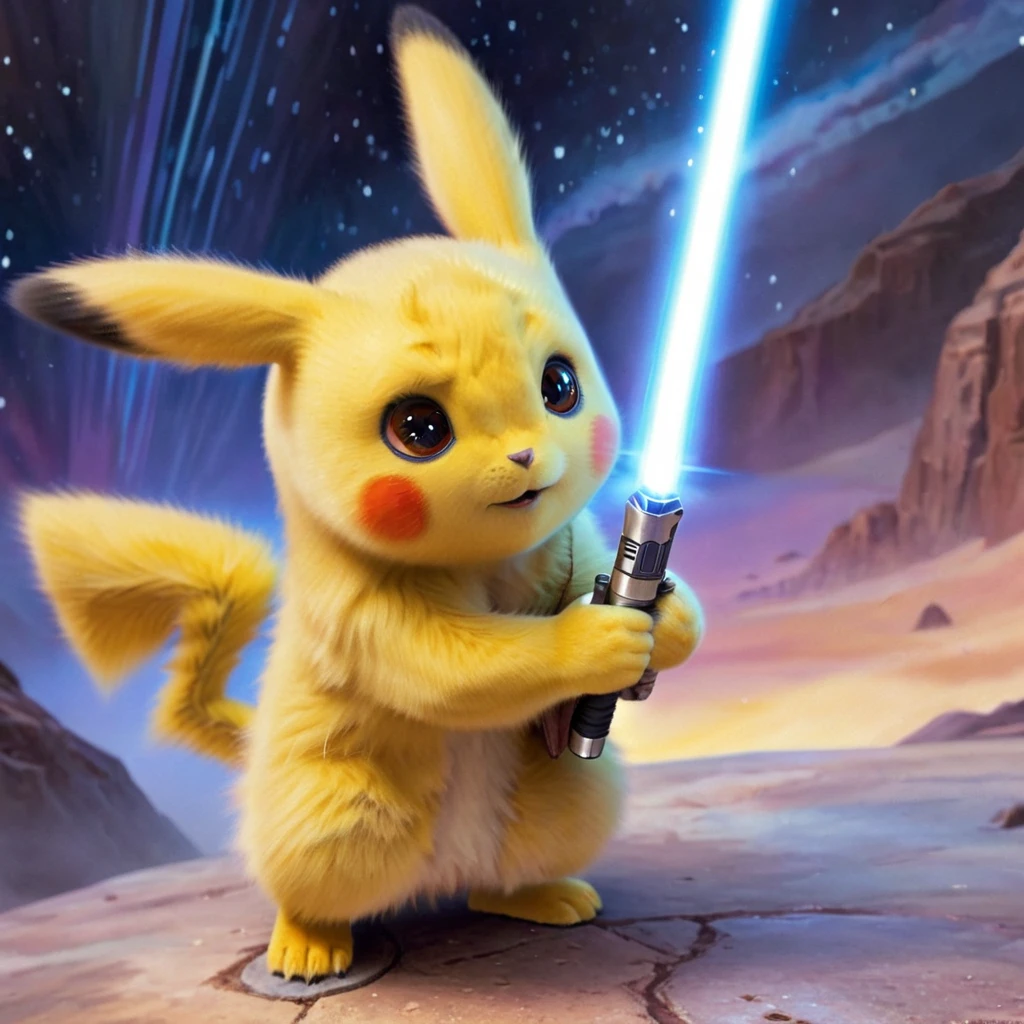 PIKACHU like a Jedi with a lightsaber, PIKACHU holding a lightsaber with both hands, delicate, impressionistic, bright, vivid, colorful, highly detailed, magnificent, heavenly, ethereal, ethereal, celestial, painterly, wonderful, magnificent, magical, fantasy art, Cover art, dreamy, watercolor ethereal fantasy concept art.