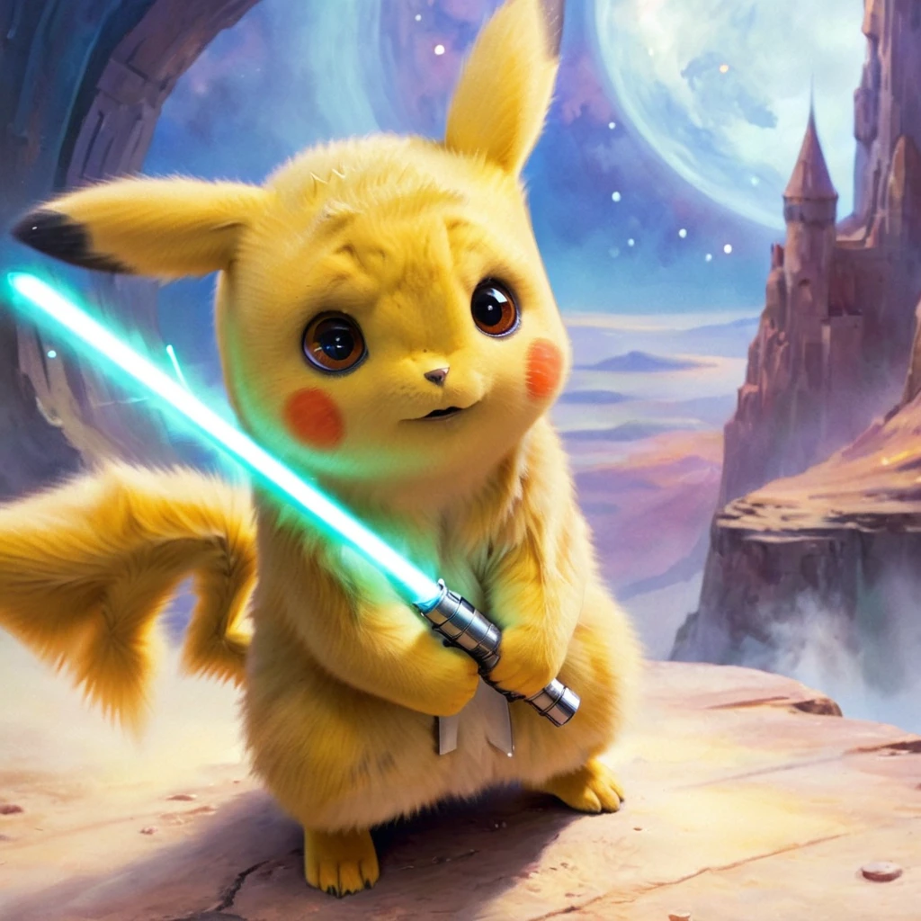 PIKACHU like a Jedi with a lightsaber, PIKACHU holding a lightsaber with both hands, delicate, impressionistic, bright, vivid, colorful, highly detailed, magnificent, heavenly, ethereal, ethereal, celestial, painterly, wonderful, magnificent, magical, fantasy art, Cover art, dreamy, watercolor ethereal fantasy concept art.