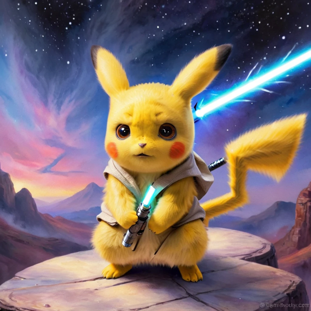 PIKACHU like a Jedi with a lightsaber, PIKACHU holding a lightsaber with both hands, delicate, impressionistic, bright, vivid, colorful, highly detailed, magnificent, heavenly, ethereal, ethereal, celestial, painterly, wonderful, magnificent, magical, fantasy art, Cover art, dreamy, watercolor ethereal fantasy concept art.