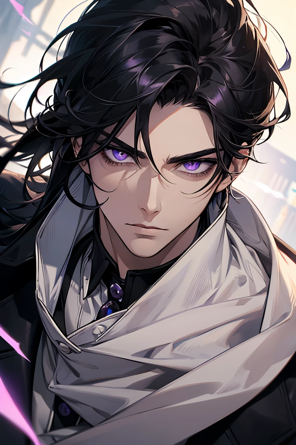 1 male, aldult, Handsome,cold expression,Long black hair,Upper body,purple eyes,clear eyes,close up,sharp eyes,noble