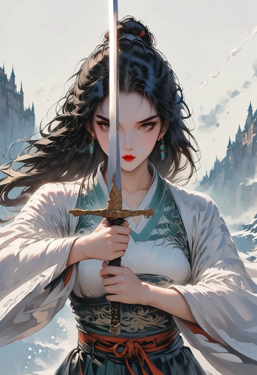 swordsman,medieval art, heroic figure,traditional clothing,Detailed and sharp sword, Keen eyes and focused expression, dynamic poses, dramatic lighting, bright colors, high contrast, epic landscape background, hazy atmosphere, full of action, dynamic brushwork, oil painting style, ultra high resolution, fine details, professional quality.