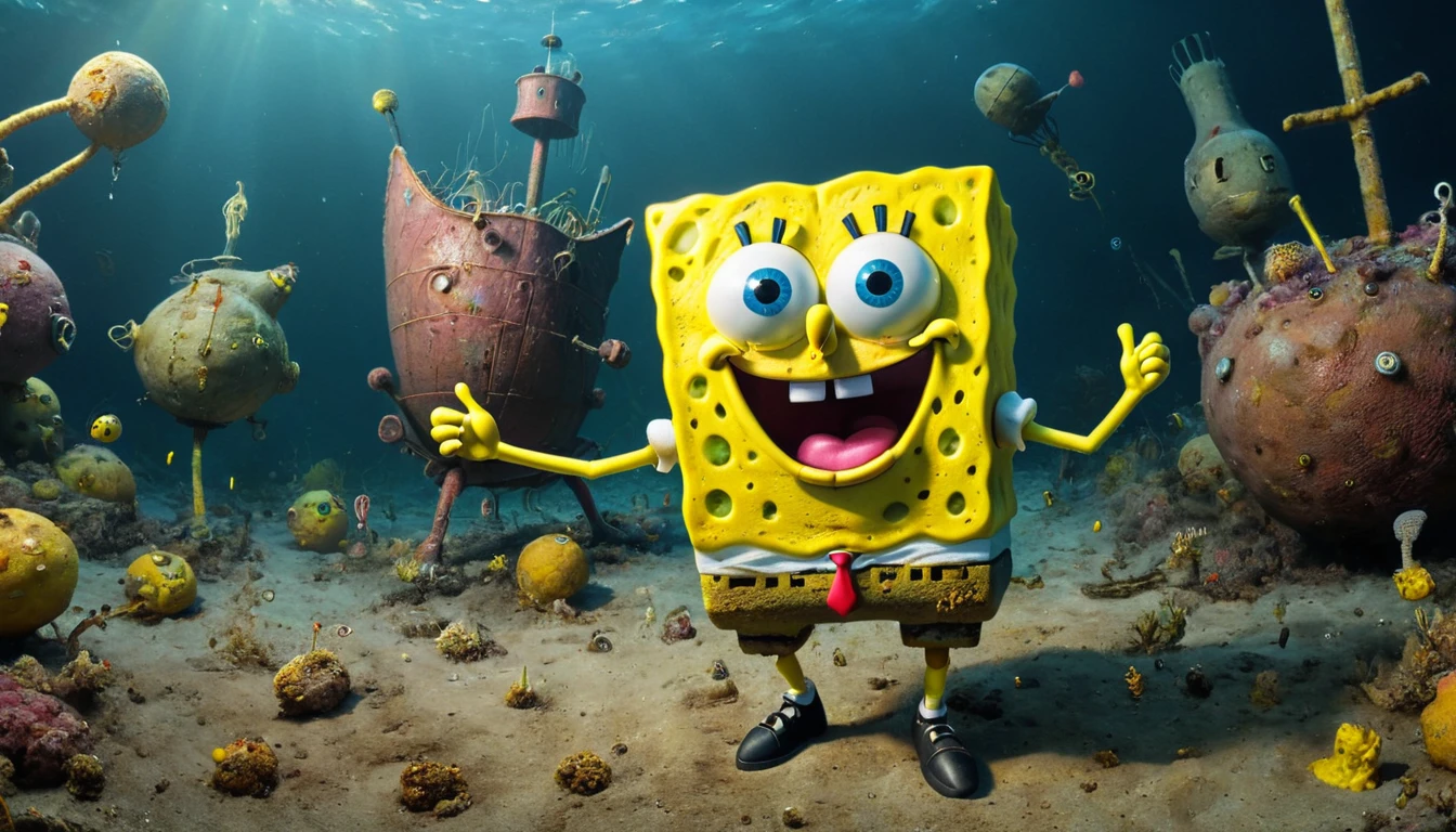 ultra-wide angle, "SpongeBob SquarePants", (masterpiece, best quality, perfect composition, very aesthetic, absurdres, ultra-detailed, intricate details, Professional, official art, Representative work:1.3)