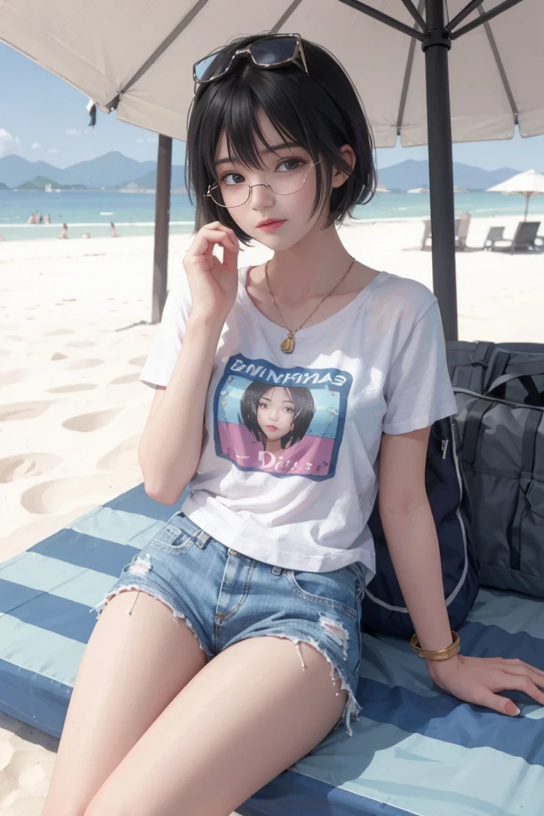 masterpiece, best quality, 1 girl, beach, sitting on a beach towel, short hair, Glasses, t-shirt, shorts, hat, blush, summer, soda can, Bag