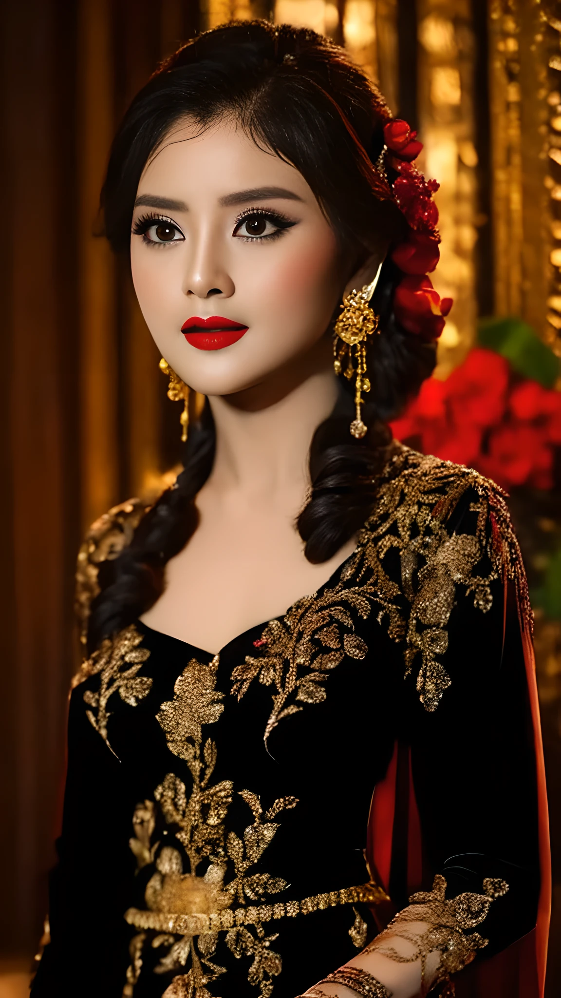 photography, woman, portrait of java wedding woman in black long kebaya dress traditional, red lipstick, golden necklace, earrings, ornate, detail, flowers, blurry background, soft focus