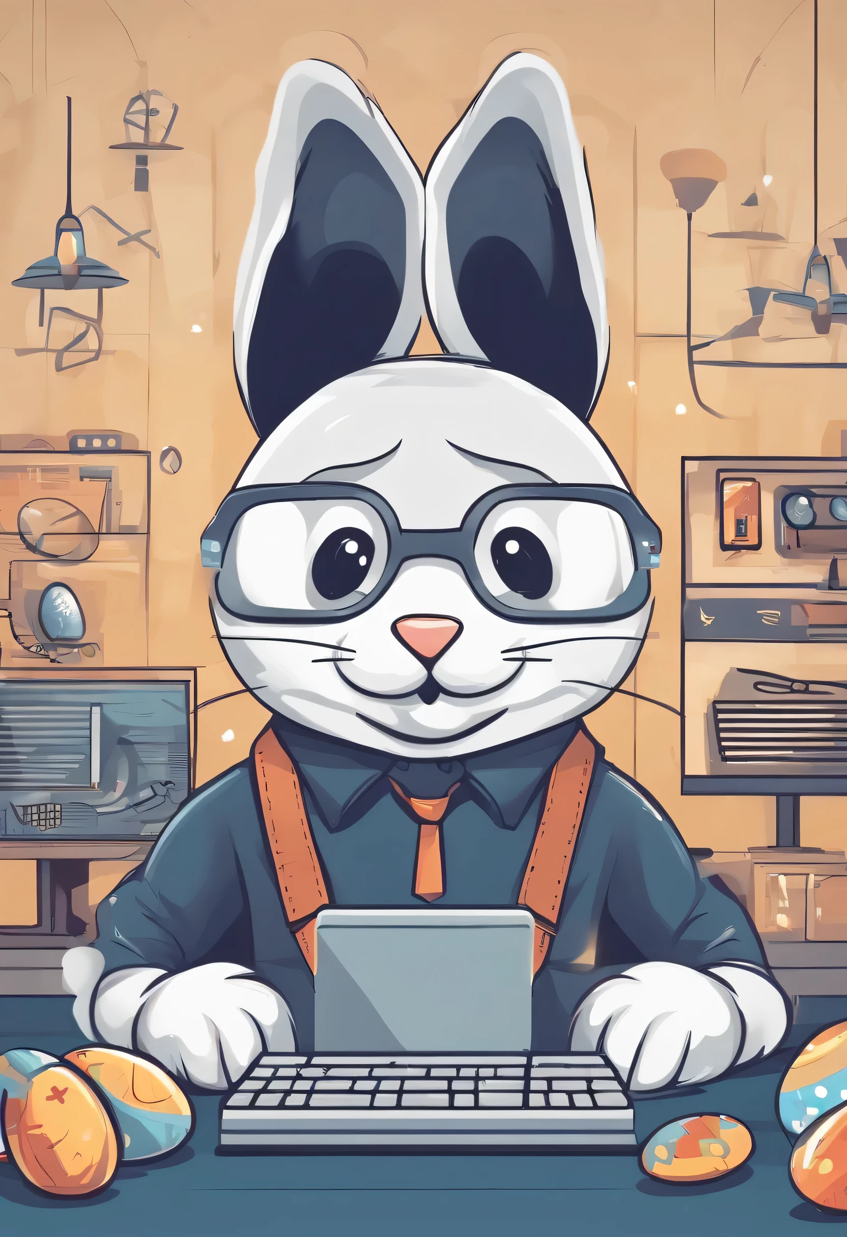 Create a post for Instagram wishing Happy Easter to a technology-loving human-style rabbit playing on a gamer computer at Easter in an animation style 