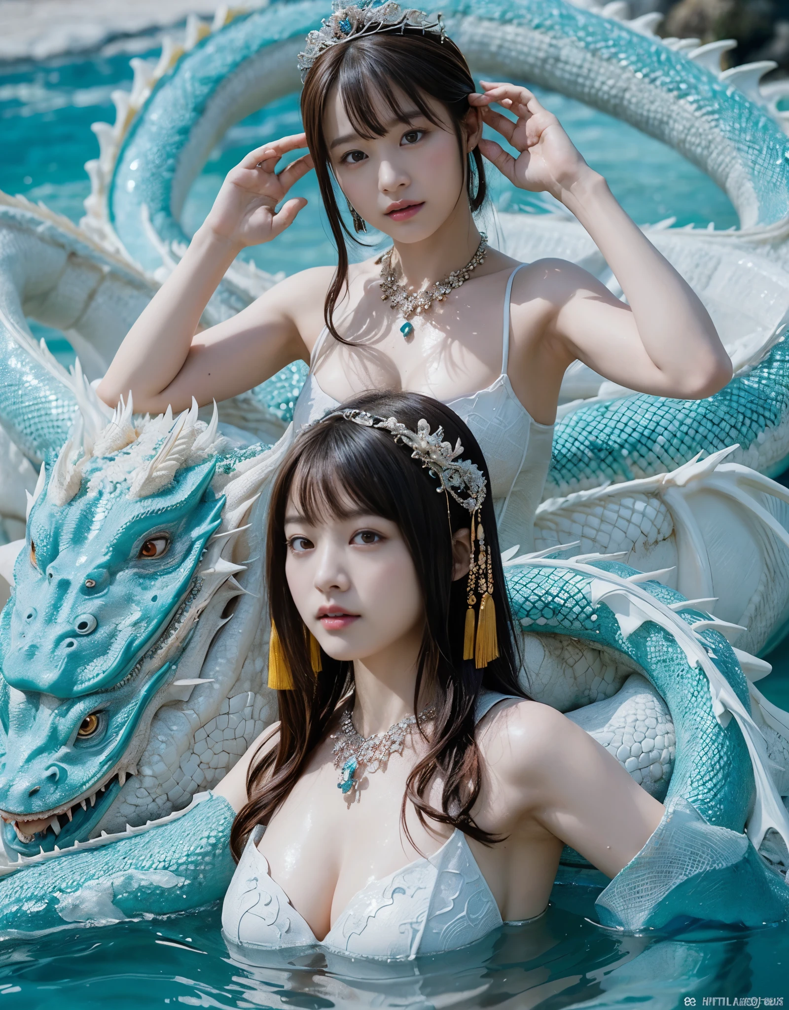 (very heavy chest)、highest quality、masterpiece、ultra high resolution、(white dragon armor)、(((Metal製))),(((big breasts)))、(((黄colorのマイクロビキニ))),(she wears a beautiful crown made of precious stones.),(Photoreal:1.4)、Raw photo、1 girl、(((random hair))、(((color々take a pose)))、glowing skin、(((water chinese dragon)))、intricate and gorgeous hair ornaments、(looks like a gorgeous necklace)、(someone who looks at you calmly, Eyes like a goddess.)happiness:1.2).((beautiful sea background))、cliff、(ruins background)、((Super realistic details))、portrait、global illumination、(sexy pose)、Shadow、octane rendering、16k、big breasts、Raw skin exposed in the cleavage、Metal、intricate decorative details、Japan details、very intricate details、realistic light、CG Society Trenlow Eyes、Eyes shining towards the camera、(((heavy big))),Shining eyes shine、armpit、