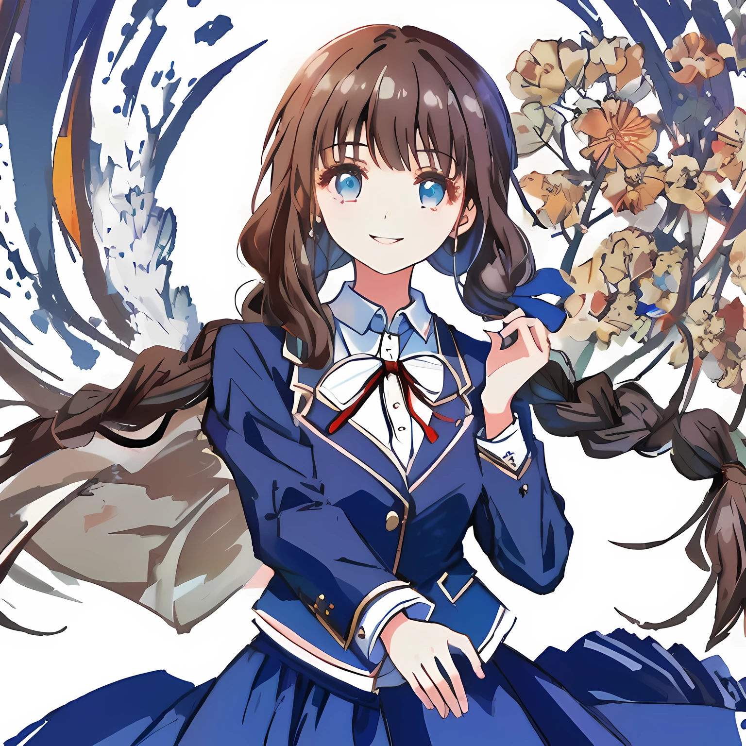 highest quality, (masterpiece:1.2), High resolution, A very neat girl looks at the viewer and smiles with disdain.、((The background is a crazy art with many skirts and ribbons intricately intertwined.))
