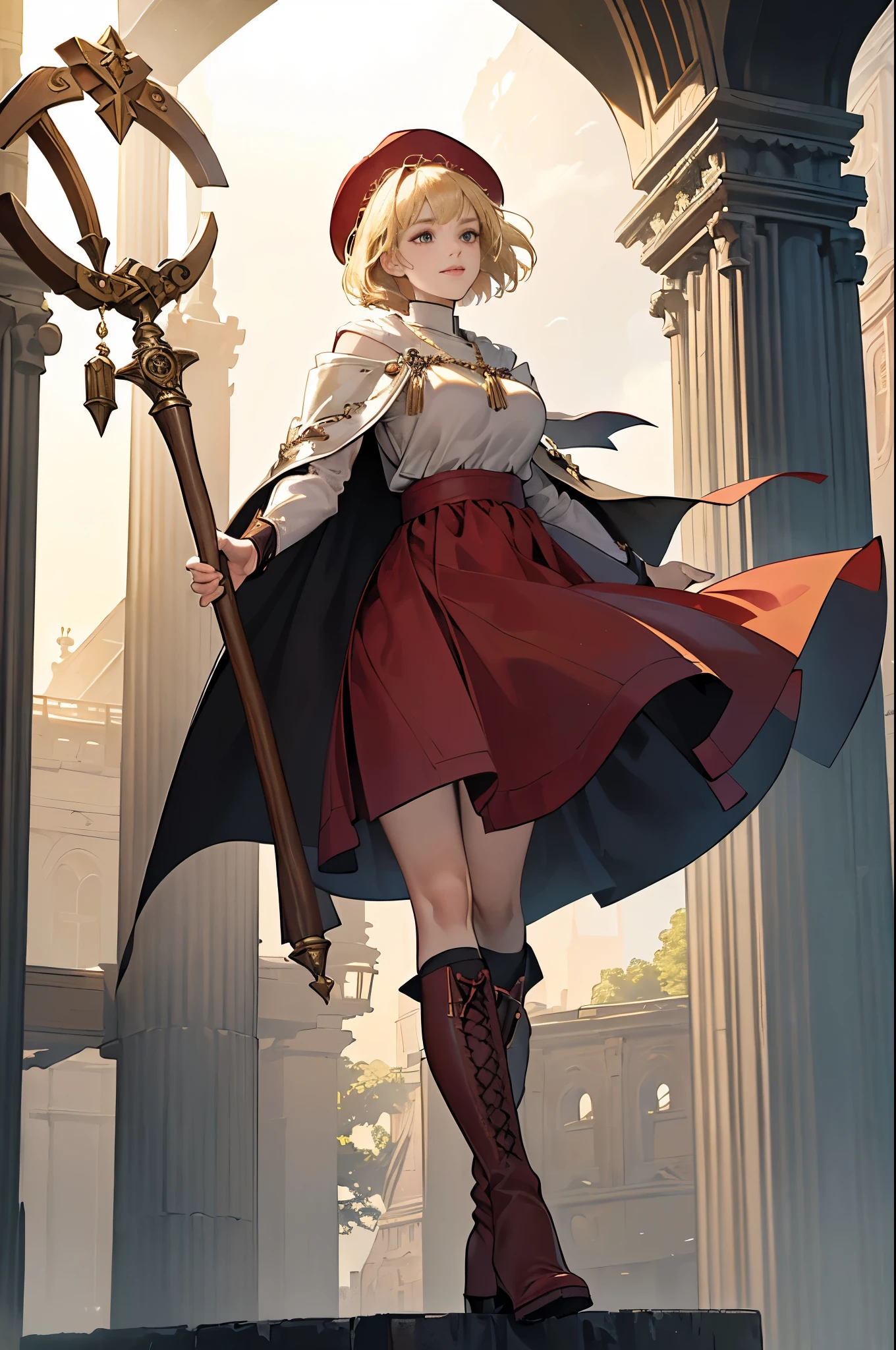masterpiece, ultra detailed, 8k portrait, RAW photo, portrait photography, highly detailed face, beautiful and meticulous eyes, ((Fantasy)), Young beautiful, dynamic pose, kind face, smile, (((Blonde very short hair, bangs))), ((Priest)), wood necklace, clergy hat, (((long cloak))) fluttering in the wind, (((dark dull red oversized Priest tunic))), (((long skirt)), (((low boots))), ((holding long wood staff)), big shoulder bag, Midday Sun, hyper realistic, Body model, Big breasts, Beautiful breasts, Long legs, in the crowd, Ambient lighting, Shadow details , Camera focus on face, strong breeze, Light fog