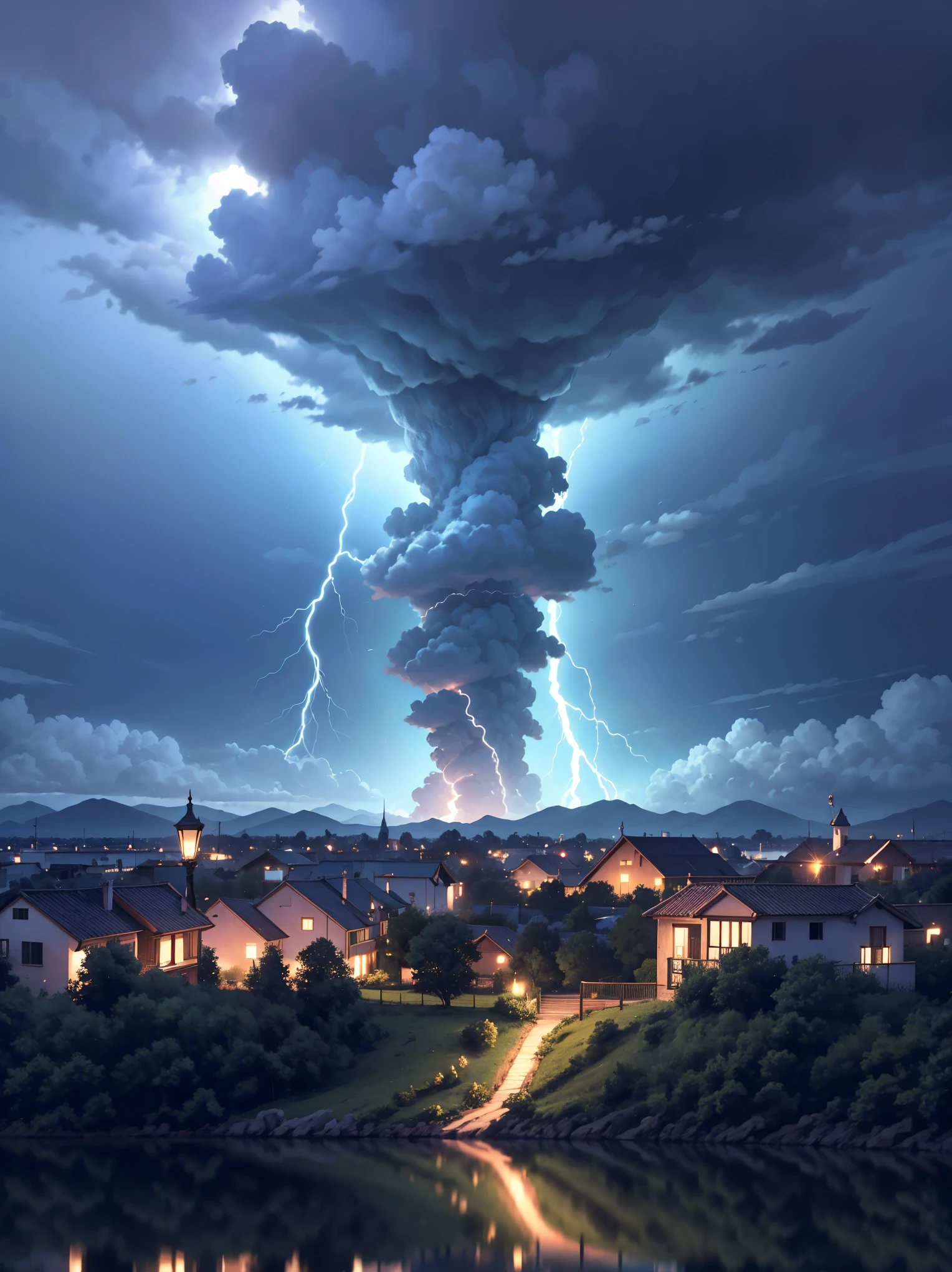 Tornado elecrtico en medio de una tormenta,el cielo nublado ,sin sol,con lluvia y viento,luces de los rayos,destellos cegadores,todo el cielo cubierto de rayos,tornado girando,tornado gigante con rayos dentro y fuera,there is a river and a small country house,profundidad 3d,perspectiva perfecta,profundidad de campo realista,imagen realista y detallada,de alta calidad,una obra maestra