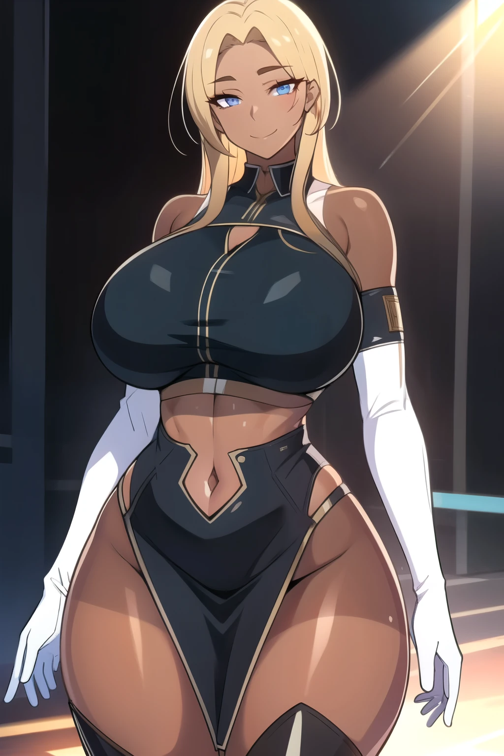 masterpiece, best quality, absurdres, 8k, perfect shadows,perfect lighting,hdr, cowboy shot,shiny skin,skindentation, beautiful body, kafka, ((blonde hair: 1.4)), long hair, blue eyes, (crop top, underboob, elbow gloves, thigh boots, split skirt, bare shoulders, curvy, midriff, curvy, thighs, higheels, shiny clothes), complex detailed background, inside, luxury palace) (gigantic breasts,hourglass body, thin waist,very slim waist)extremely detailed face,detailed eye makeup, detail face, nice detailed eyes,nice hands, perfect hands (realistic pupils,realistic iris:1) heavy eye makeup,glowing eyes, Bright eyes,standing,standing at attention,(seductive smile), gigantic breasts, curvy, (( tan skin: 1.2))