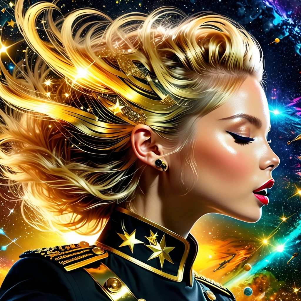 (best quality,4K,8K,High resolution,masterpiece:1.2), super detailed, (actual,photoactual,photo-actual:1.37), rock star, singer, Black tight military uniform, golden accents, Gliding through space, ecstatic singing, Stage lighting, rebellious, glitch art, punk attitude.Floating Extra Large Elegant Light DonMW15pXL