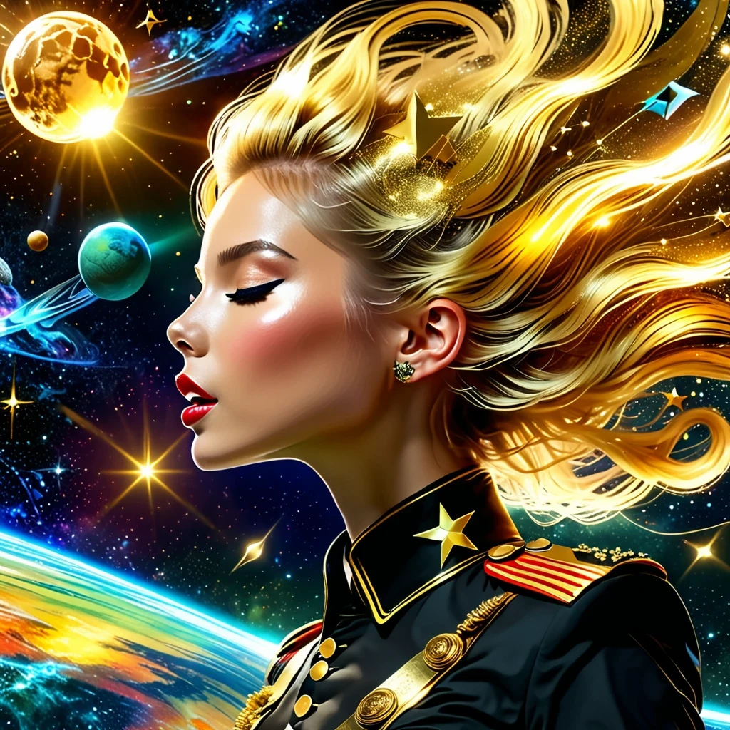 (best quality,4K,8K,High resolution,masterpiece:1.2), super detailed, (actual,photoactual,photo-actual:1.37), rock star, singer, Black tight military uniform, golden accents, Gliding through space, ecstatic singing, Stage lighting, rebellious, glitch art, punk attitude.Floating Extra Large Elegant Light DonMW15pXL