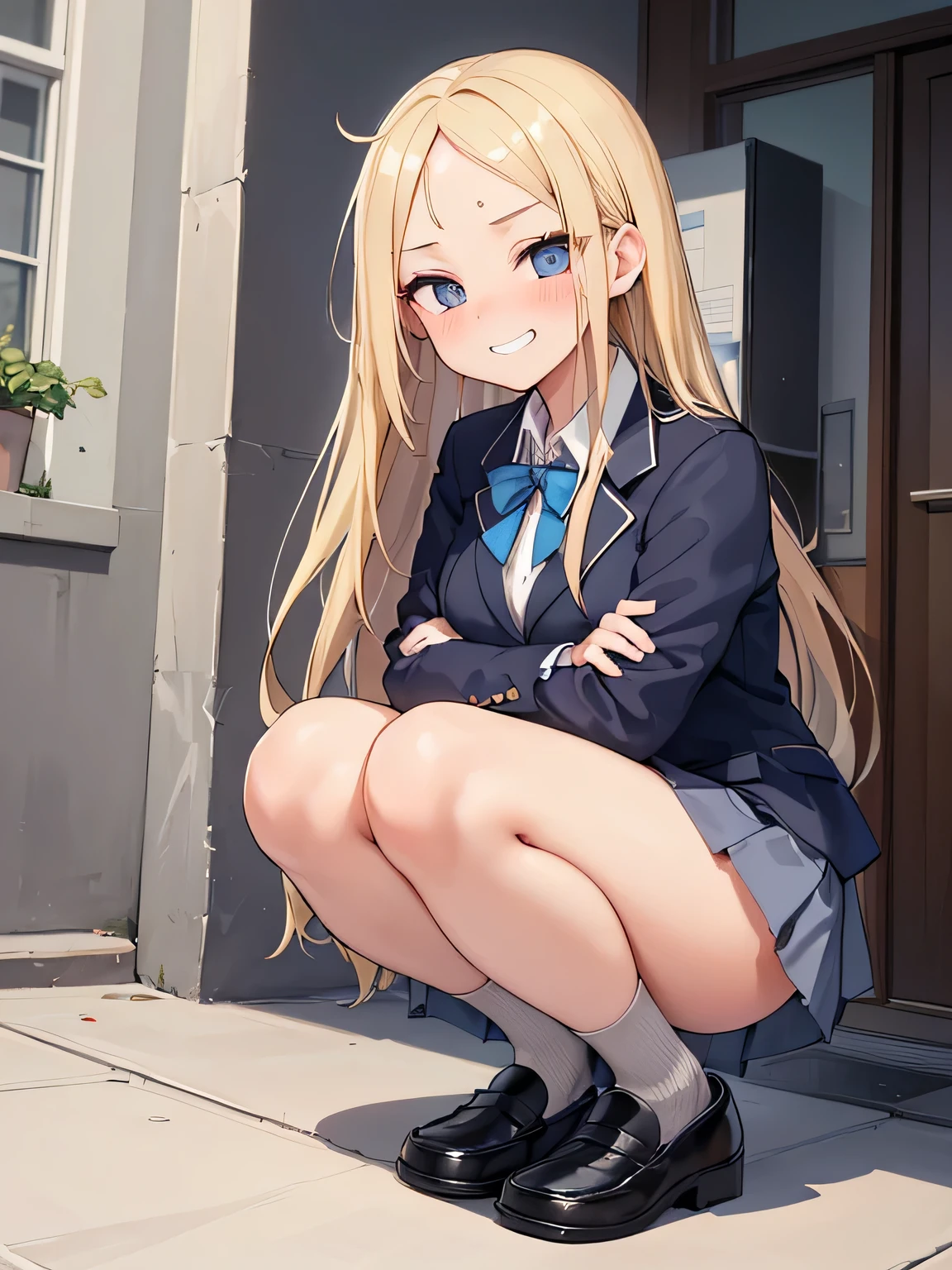 (masterpiece, highest quality, High resolution, realistic pictures, realistic skin:1.1),
(There is one high school girl:1.5),
(She has long blonde hair without bangs and a bare forehead:1.5), 
(She is squatting with her knees together:1.8),
(her thighs are pressed together:1.8),
(her body is facing us: 1.5),
(Embarrassing but provocative, grinning expression:1.5),
(She is wearing a navy blue blazer from her high school uniform.:1.8),
(She is wearing a grey miniskirt from her high .: 1.8),
(Both feet are wearing black loafers:1.8),
(Both of them are wearing dark blue knee socks.: 1.8),
(The socks match the color and length of both feet.:1.8),
(Simple white cotton panties:1.5),
( upper arm: 1.5),
( two legs: 1.5),
(Location: high school courtyard:1.2),
1 Japanese girl, alone, Full-bodied Esbian, beautiful eyes, shining eyes, NSFW