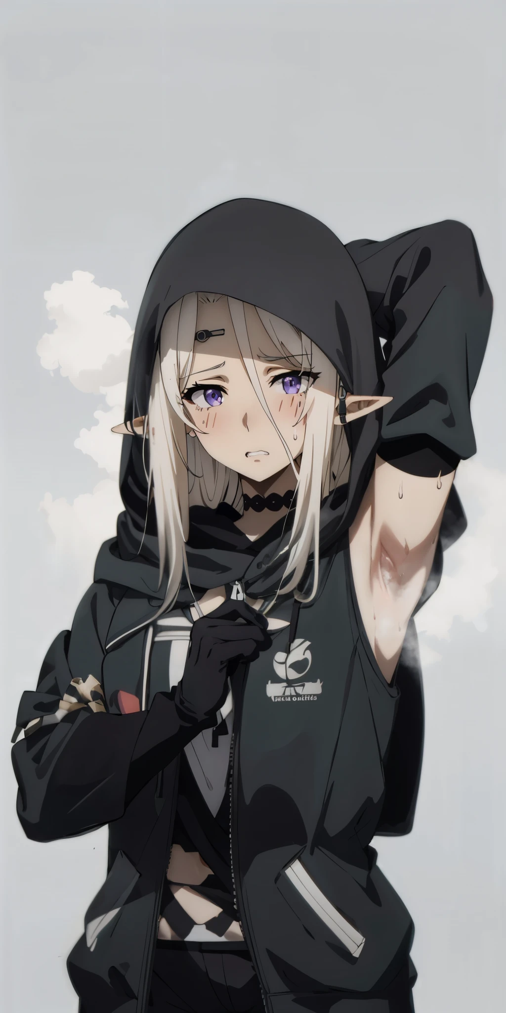 beatrix, white hair, long hair, elf, pointy ears, hair ornament, curvy, anatomically correct, best quality, masterpiece, high quality, high details, highres, HD, blush, solo, gloves, black_hair, hood, steam, hood_down, looking_at_viewer, black_gloves, sweat, grey_background, steaming_body, upper_body, long_sleeves, armpit, "Vector art, Vivid colors, Clean lines, Sharp edges, Minimalist, Precise geometry, Simplistic, Smooth curves, Bold outlines, Crisp shapes, Flat colors, Illustration art piece, High contrast shadows, Technical illustration, Graphic design, Vector graphics, High contrast, Precision artwork, Linear compositions, Scalable artwork, Digital art", (shaded face:1.2), hollow eyes, purple eyes, looking at viewer, heavy breathing, embarrassed, blush face, clenched teeth, 