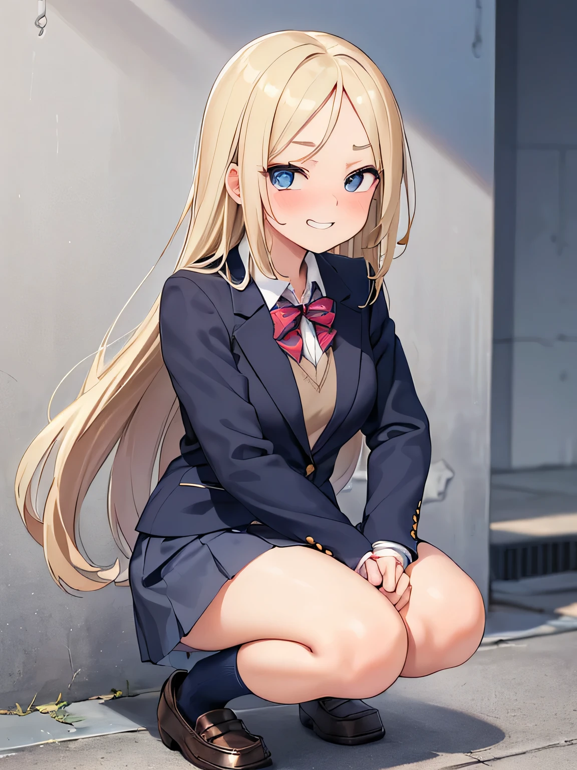 (masterpiece, highest quality, High resolution, realistic pictures, realistic skin:1.1),
(There is one high school girl:1.5),
(She has long blonde hair without bangs and a bare forehead:1.5), 
(She is squatting with her knees together:1.8),
(her thighs are pressed together:1.8),
(her body is facing us: 1.5),
(Embarrassing but provocative, grinning expression:1.5),
(She is wearing a navy blue blazer from her high school uniform.:1.8),
(She is wearing a grey miniskirt from her high .: 1.8),
(Both feet are wearing black loafers:1.8),
(Both of them are wearing dark blue knee socks.: 1.8),
(The socks match the color and length of both feet.:1.8),
(Simple white cotton panties:1.5),
( upper arm: 1.5),
( two legs: 1.5),
(Location: high school courtyard:1.2),
1 Japanese girl, alone, Full-bodied Esbian, beautiful eyes, shining eyes, NSFW
