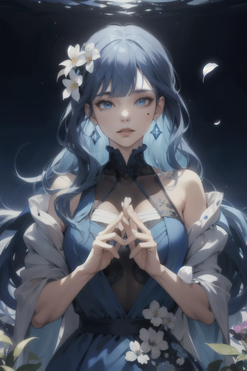 (absurdres, highres, ultra detailed), 1girl, mature woman, wavy blue ombre hair, long hair, blunt bangs, blue eyes, blue dress, finely detailed eyes and detailed face, blue crystal earrings, mole under the eye, wallpaper CG.Highly detailed unity 8k, intricate details, BREAK, kaleidoscopic .imagery, symmetrical patterns, bright colors, geometric shapes, stunning designs, optical illusions, dynamic compositions BREAK , mime art, expressive body language, silent storytelling,.evocative gestures, visual narration, theatrical.BREAK performances, blooming flowers, colorful petals, fragrant fragrance, nature's bounty, vibrant gardens, peaceful views.