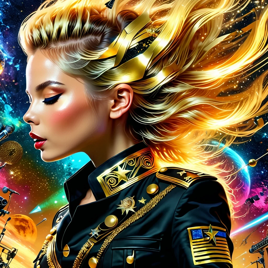 (best quality,4K,8K,High resolution,masterpiece:1.2), super detailed, (actual,photoactual,photo-actual:1.37), rock star, singer, Black tight military uniform, golden accents, Gliding through space, ecstatic singing, Stage lighting, rebellious, glitch art, punk attitude.Floating Extra Large Elegant Light DonMW15pXL