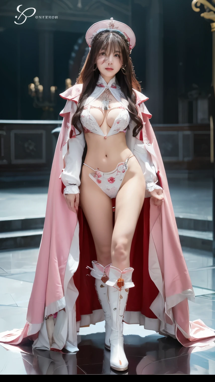 beautiful and delicate woman,The details of the eyes and face are very rich, exquisite eyes, super detailed, High resolution, The content is very detailed,best quality,EnLightenment,Unite,8k wallpaper,masterpiece,best quality,imagine,1 girl,China costume, Wear sexy white bikini armor,metal style, big breasts, high-cut underwear, 盔甲有圖案metal style的, Big red priest cloak,priest hat,standing posture,long legs,Put on pink blue and white boots,look at the audience,Face the audience,flowing long hair,Surreal 8000g,Impeccable,masterpiece,professional artwork,famous artwork,Light,movie bloom,perfect face,pretty face,fantasy,Dreamy and magical,not real,intricate details,Exquisite pattern…Korean woman’s face
