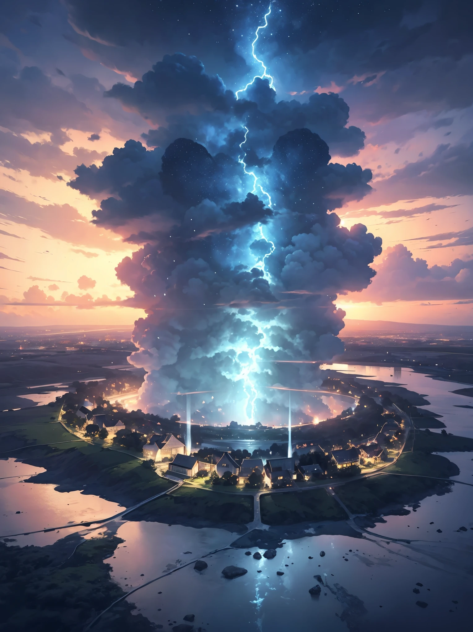 Tornado elecrtico en medio de una tormenta,el cielo nublado ,sin sol,con lluvia y viento,luces de los rayos,destellos cegadores,todo el cielo cubierto de rayos,tornado girando,tornado gigante con rayos dentro y fuera,there is a river and a small country house,profundidad 3d,perspectiva perfecta,profundidad de campo realista,imagen realista y detallada,de alta calidad,una obra maestra