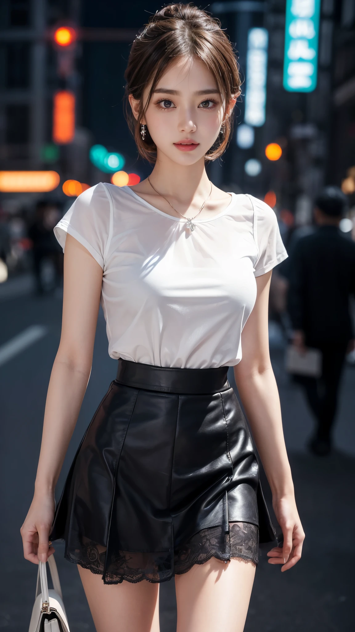 8k, masterpiece, RAW photo, best quality, photorealistic, extremely detailed CG unity 8k wallpaper, Depth of field, Cinematic Light, Lens Flare, Ray tracing, (extremely beautiful face, beautiful lips, beautiful eyes), intricate detail face, ((ultra detailed skin)) 1girl, in the dark, deep shadow, pretty korean girl, kpop idol,(very slim slender fit-muscled body:1.3), ((looking at viewer)),(big smile:1.3), (night, (neon sign), (blurry background), midnight, (without people in the background:1.3), pretty korean girl, white diamond earrings, bracelets, necklace, clear eyes, walking , front shot, (pale skin), face forward, (big eyes), full body shot, ((see through blouse)), (hot pink color blouse)), ((laced skirt)), (looking at viewer:1.3), very slim, medium breasts, Hermes bag, tight mini skirt, updo hair, short hair, medium butts